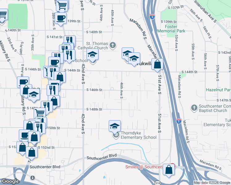 map of restaurants, bars, coffee shops, grocery stores, and more near 4433 South 146th Street in Tukwila