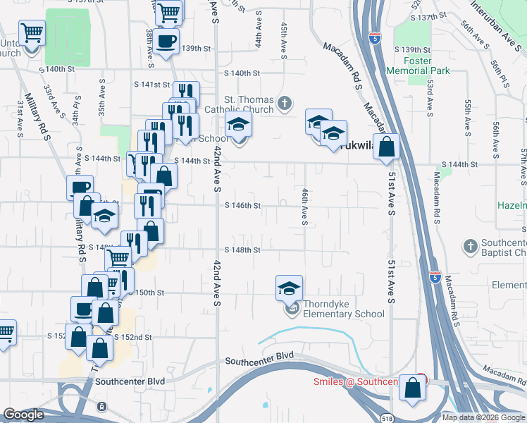 map of restaurants, bars, coffee shops, grocery stores, and more near 4405 South 146th Street in Tukwila