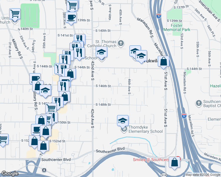 map of restaurants, bars, coffee shops, grocery stores, and more near 4405 South 146th Street in Tukwila
