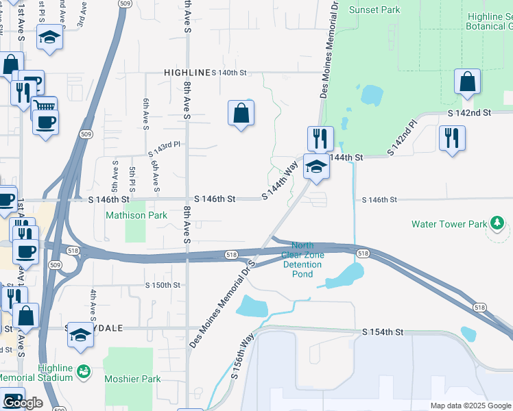 map of restaurants, bars, coffee shops, grocery stores, and more near 1039 South 146th Street in Burien