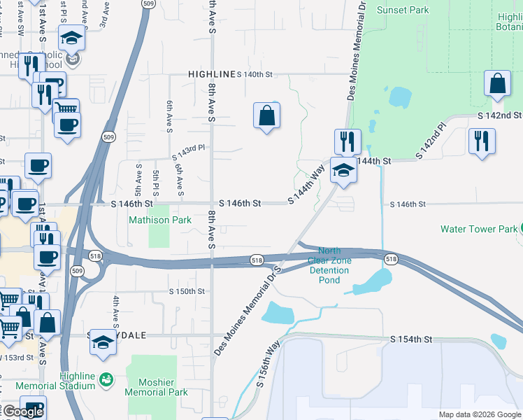 map of restaurants, bars, coffee shops, grocery stores, and more near 1009 South 146th Street in Burien