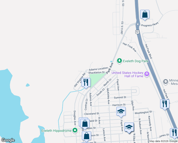 map of restaurants, bars, coffee shops, grocery stores, and more near 1132 Lincoln Avenue in Eveleth