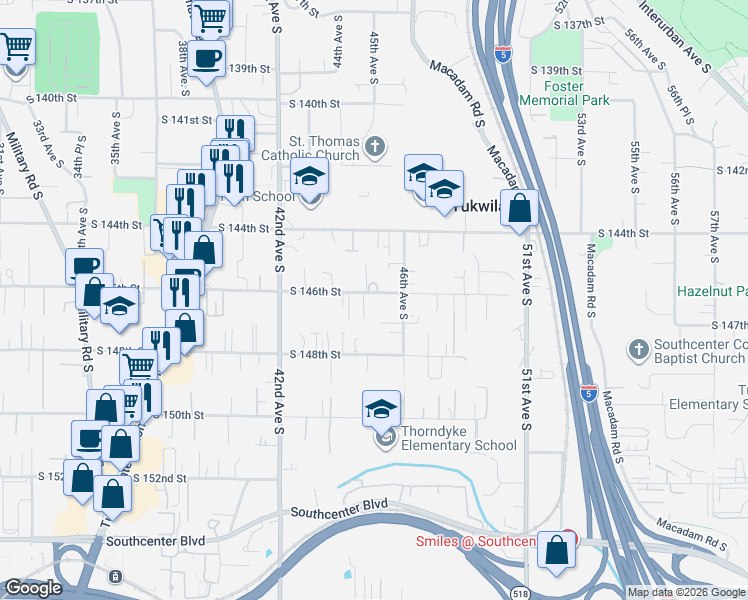 map of restaurants, bars, coffee shops, grocery stores, and more near 4433 South 146th Street in Tukwila