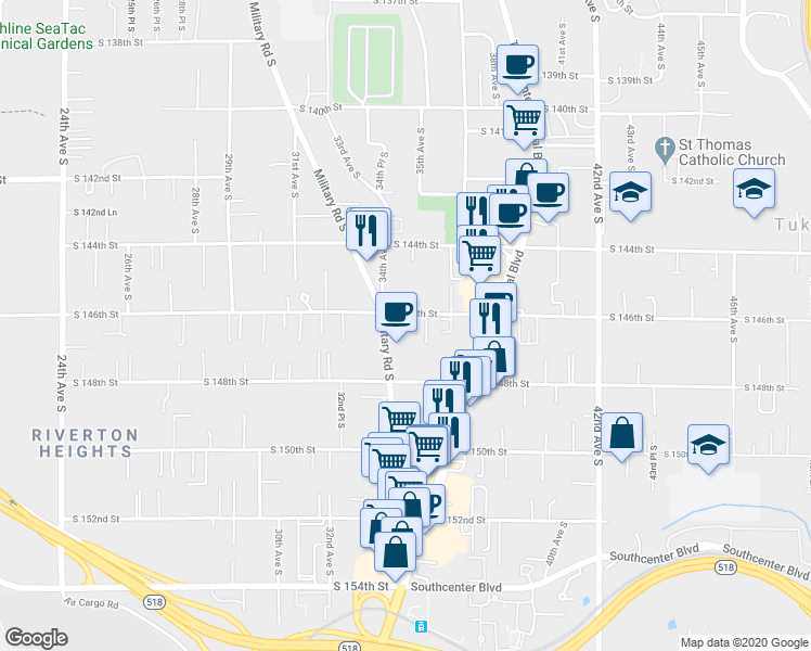 map of restaurants, bars, coffee shops, grocery stores, and more near 3425 South 146th Street in Tukwila