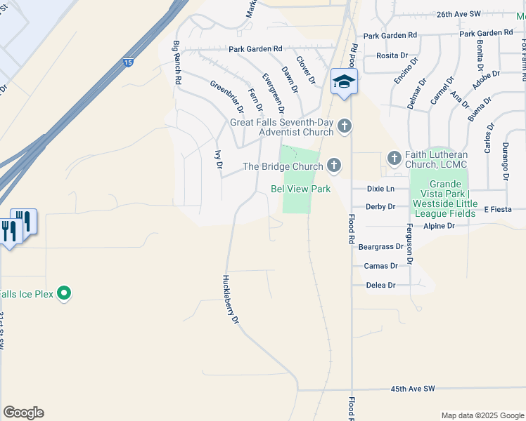 map of restaurants, bars, coffee shops, grocery stores, and more near 3510 Fern Drive in Great Falls