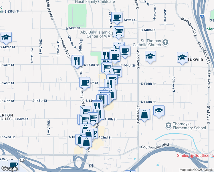 map of restaurants, bars, coffee shops, grocery stores, and more near 14607 Tukwila International Boulevard in Tukwila