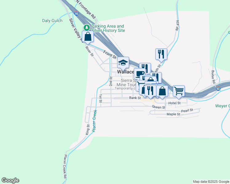 map of restaurants, bars, coffee shops, grocery stores, and more near 412 3rd Street in Wallace