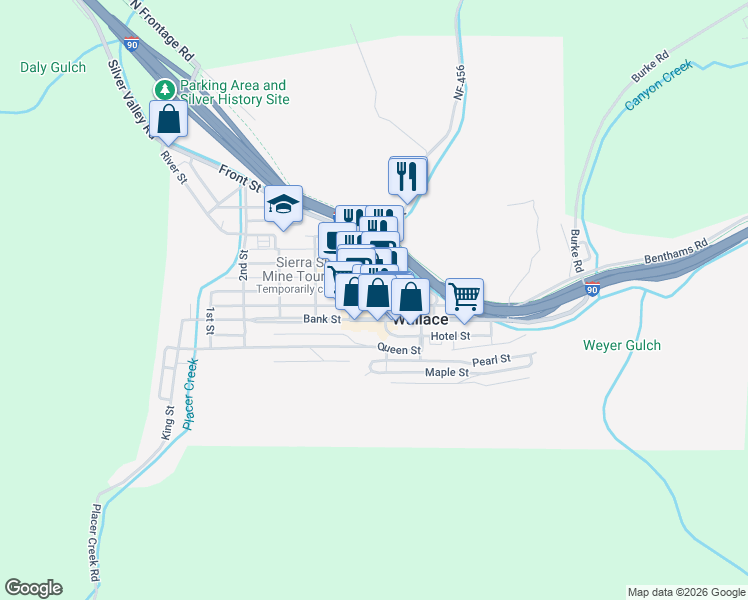 map of restaurants, bars, coffee shops, grocery stores, and more near 518 Cedar Street in Wallace
