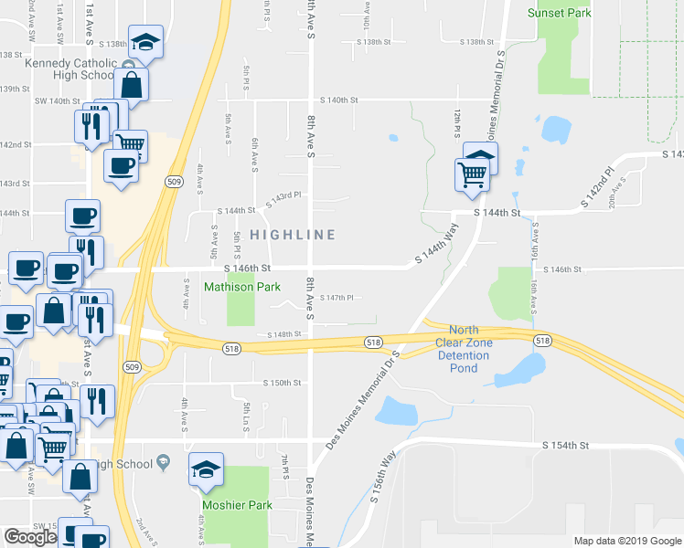 map of restaurants, bars, coffee shops, grocery stores, and more near 835 South 146th Street in Burien