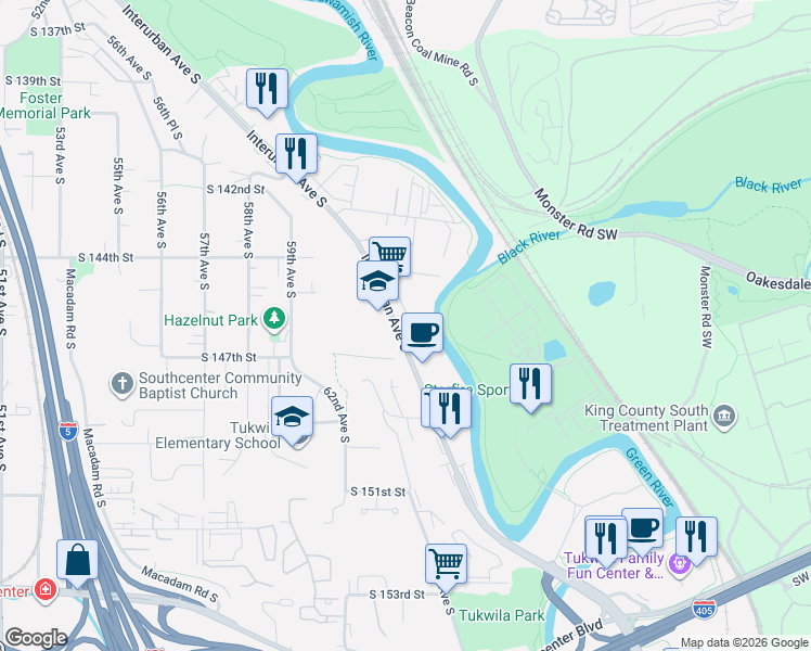 map of restaurants, bars, coffee shops, grocery stores, and more near 14570 Interurban Avenue South in Tukwila