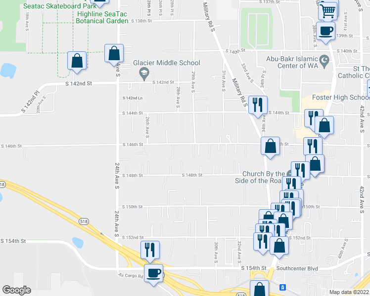 map of restaurants, bars, coffee shops, grocery stores, and more near 2809 South 146th Street in SeaTac