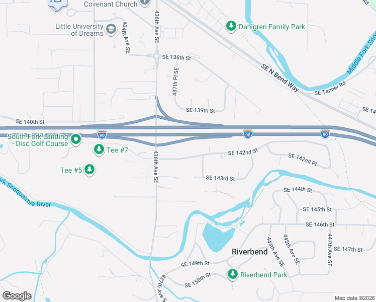 map of restaurants, bars, coffee shops, grocery stores, and more near 43802 Southeast 142nd Street in North Bend