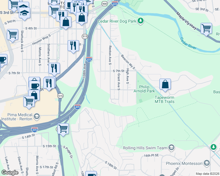 map of restaurants, bars, coffee shops, grocery stores, and more near 817 Renton Ave S in Renton