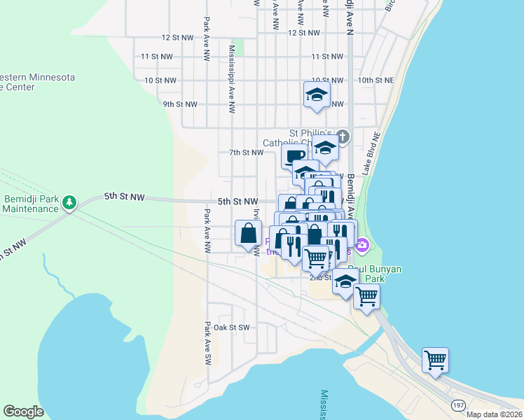 map of restaurants, bars, coffee shops, grocery stores, and more near 416 Irvine Avenue Northwest in Bemidji