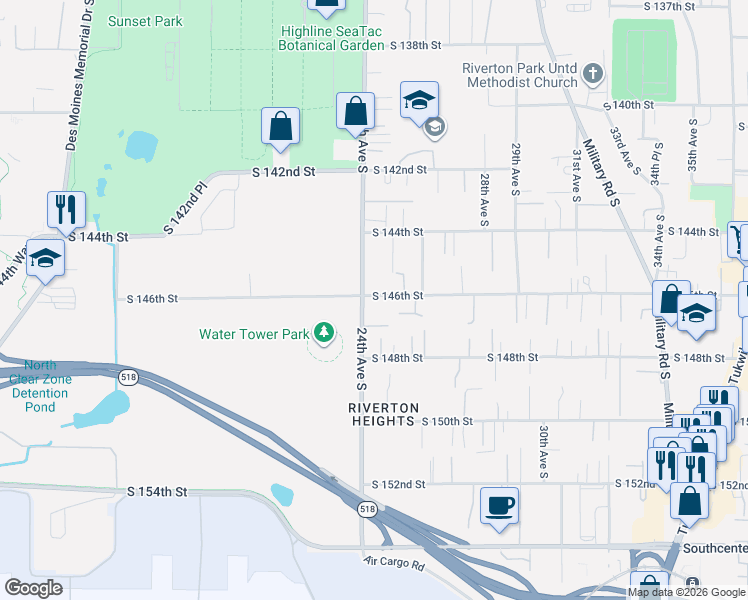 map of restaurants, bars, coffee shops, grocery stores, and more near 14604 24th Avenue South in SeaTac