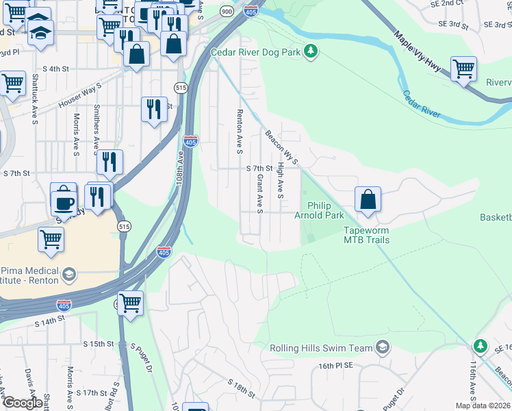 map of restaurants, bars, coffee shops, grocery stores, and more near 1405 South 9th Street in Renton