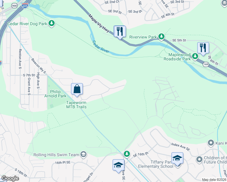 map of restaurants, bars, coffee shops, grocery stores, and more near 2403 SE 8th Pl in Renton