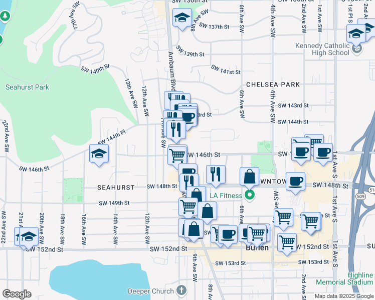 map of restaurants, bars, coffee shops, grocery stores, and more near 14600 Ambaum Boulevard Southwest in Burien