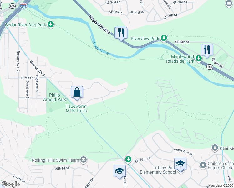 map of restaurants, bars, coffee shops, grocery stores, and more near 2403 Southeast 8th Place in Renton