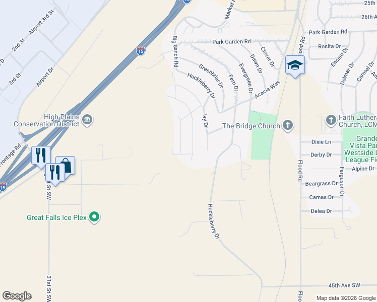 map of restaurants, bars, coffee shops, grocery stores, and more near 2104 Poplar Drive in Great Falls