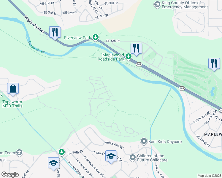 map of restaurants, bars, coffee shops, grocery stores, and more near 960 Lynnwood Court Southeast in Renton