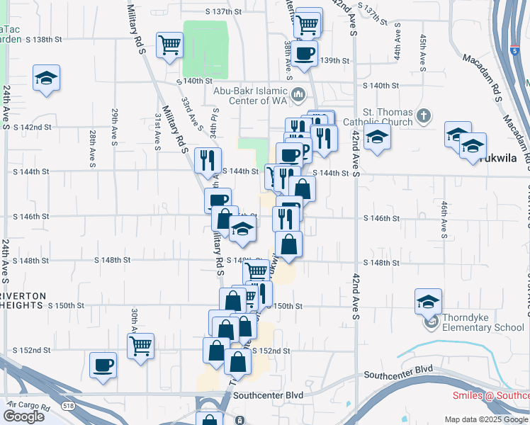 map of restaurants, bars, coffee shops, grocery stores, and more near 14607 Tukwila International Boulevard in Tukwila