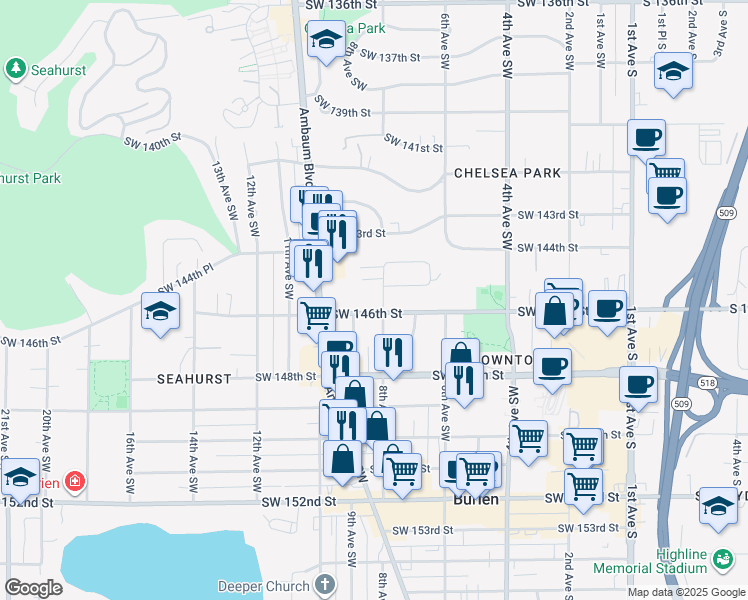 map of restaurants, bars, coffee shops, grocery stores, and more near 727 Southwest 146th Street in Burien