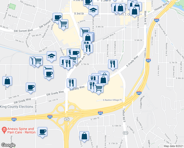 map of restaurants, bars, coffee shops, grocery stores, and more near 205 South 7th Street in Renton
