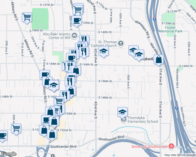map of restaurants, bars, coffee shops, grocery stores, and more near 14611 42nd Avenue South in Tukwila