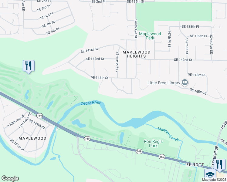 map of restaurants, bars, coffee shops, grocery stores, and more near 14616 142nd Avenue Southeast in Renton