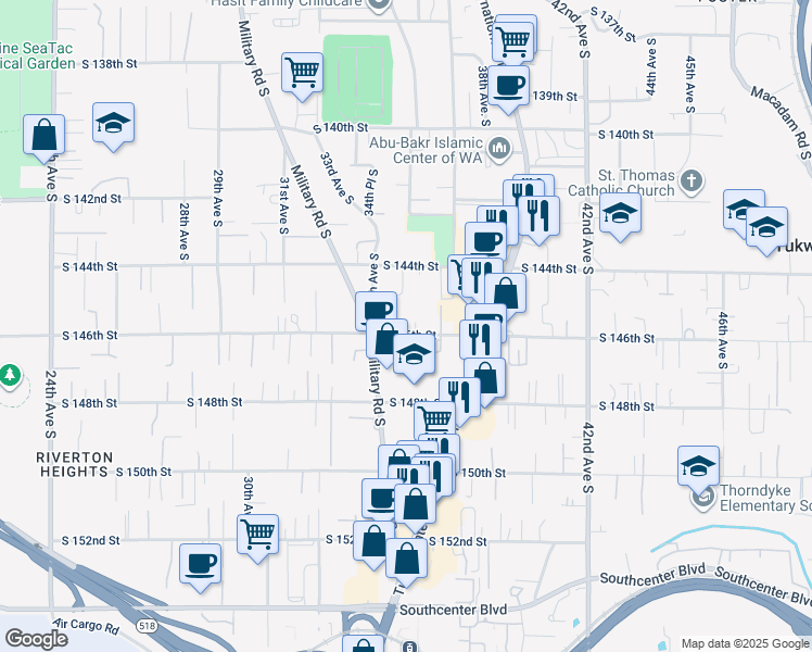 map of restaurants, bars, coffee shops, grocery stores, and more near 3425 South 146th Street in Tukwila