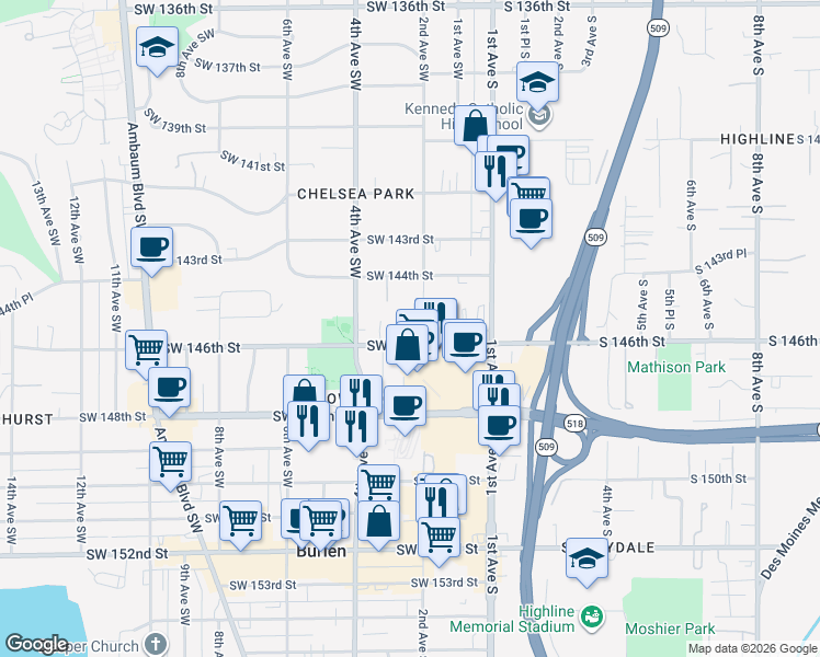 map of restaurants, bars, coffee shops, grocery stores, and more near 212 Southwest 146th Street in Burien
