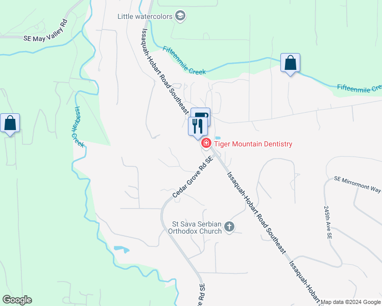 map of restaurants, bars, coffee shops, grocery stores, and more near 14412 Cedar Grove Road Southeast in Issaquah