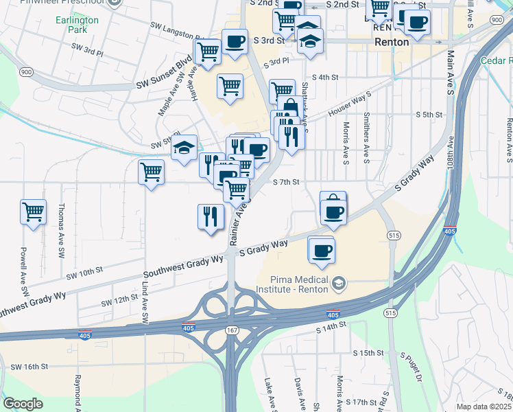 map of restaurants, bars, coffee shops, grocery stores, and more near 707 Rainier Avenue South in Renton