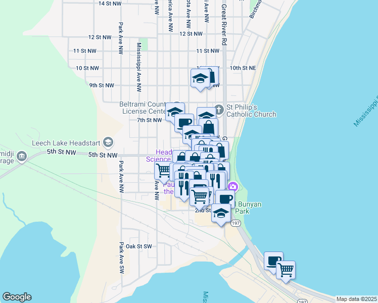 map of restaurants, bars, coffee shops, grocery stores, and more near 522 Minnesota Avenue Northwest in Bemidji