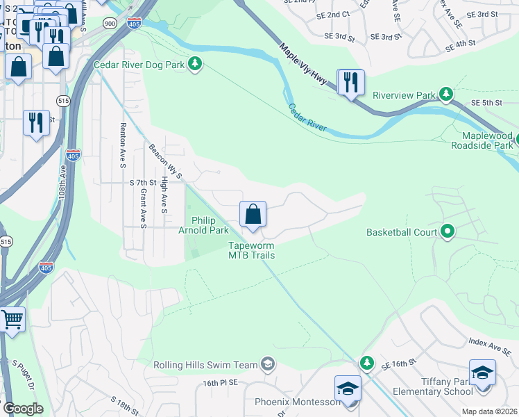map of restaurants, bars, coffee shops, grocery stores, and more near 2070 Southeast 8th Place in Renton