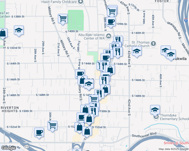 map of restaurants, bars, coffee shops, grocery stores, and more near 3440 South 146th Street in Tukwila