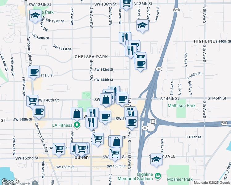 map of restaurants, bars, coffee shops, grocery stores, and more near 140 Southwest 146th Street in Burien