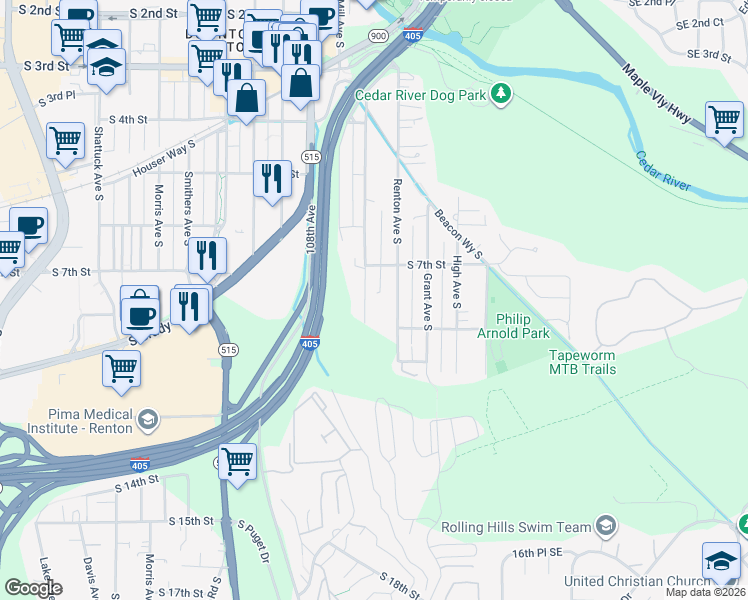 map of restaurants, bars, coffee shops, grocery stores, and more near 711 Cedar Avenue South in Renton