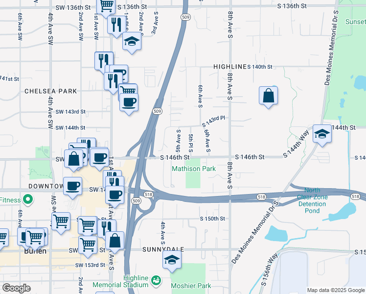 map of restaurants, bars, coffee shops, grocery stores, and more near 14425 5th Avenue South in Burien