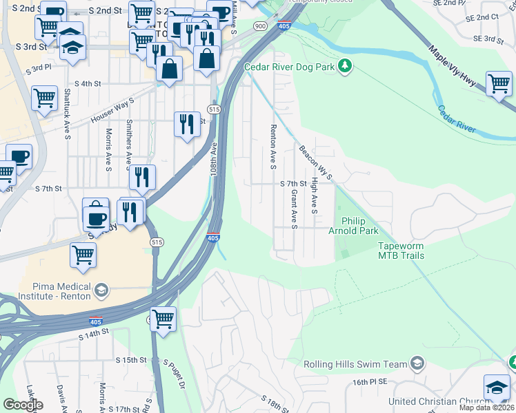 map of restaurants, bars, coffee shops, grocery stores, and more near 711 Cedar Avenue South in Renton