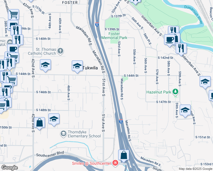 map of restaurants, bars, coffee shops, grocery stores, and more near 14412 51st Avenue South in Tukwila
