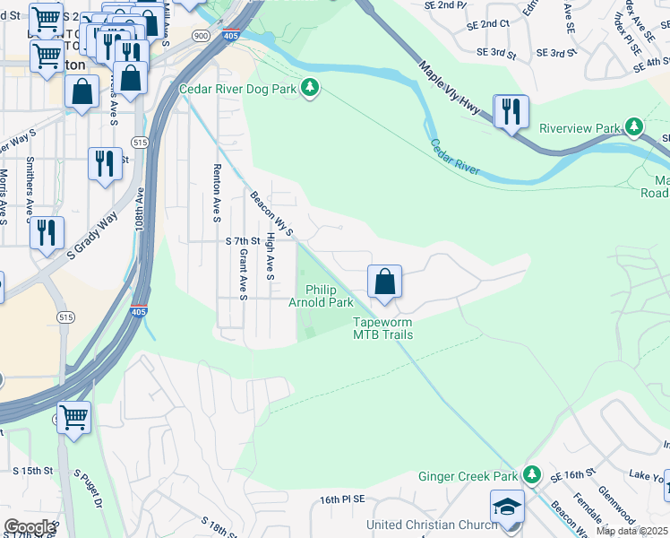 map of restaurants, bars, coffee shops, grocery stores, and more near 1805 Southeast 8th Place in Renton