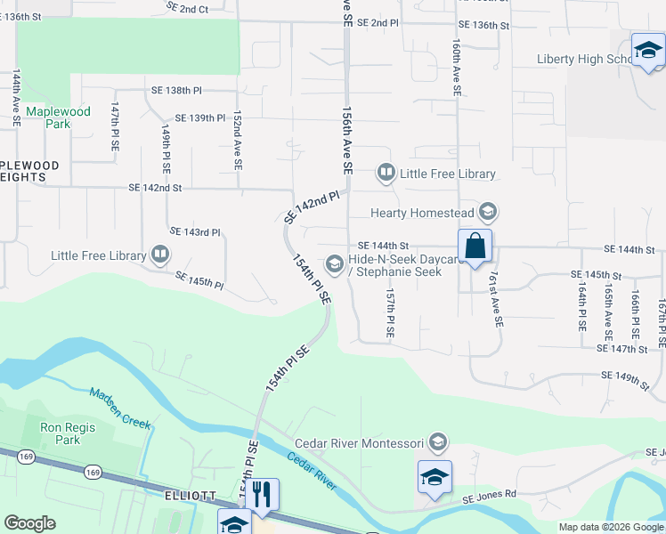 map of restaurants, bars, coffee shops, grocery stores, and more near 15444 Southeast 144th Place in Renton