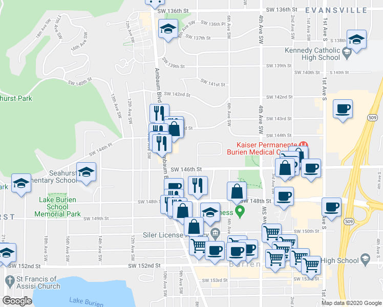 map of restaurants, bars, coffee shops, grocery stores, and more near 655 Southwest 144th Place in Burien