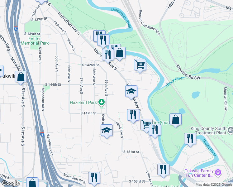 map of restaurants, bars, coffee shops, grocery stores, and more near 14442 59th Avenue South in Tukwila