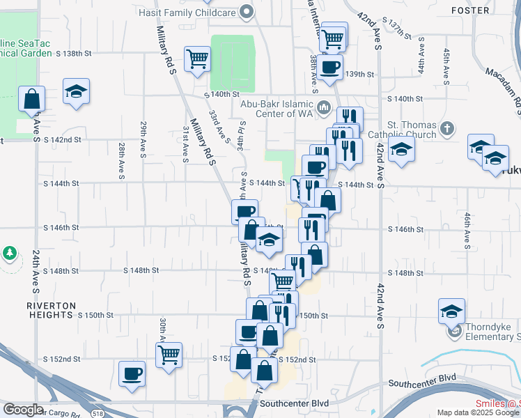 map of restaurants, bars, coffee shops, grocery stores, and more near 14426 34th Avenue South in Tukwila