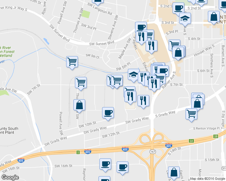 map of restaurants, bars, coffee shops, grocery stores, and more near 720 Lind Avenue Southwest in Renton