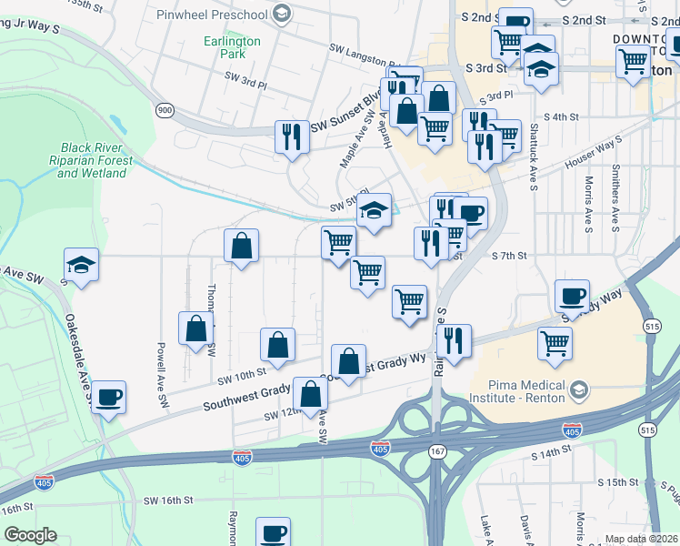 map of restaurants, bars, coffee shops, grocery stores, and more near 720 Lind Avenue Southwest in Renton