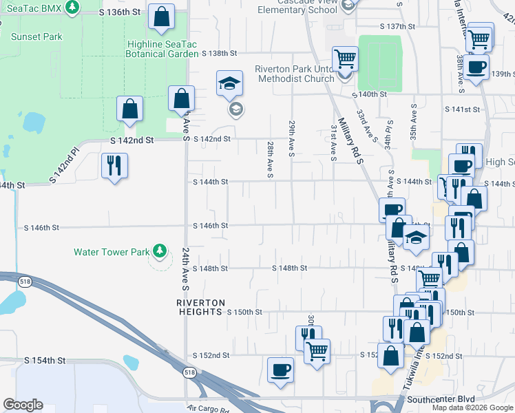 map of restaurants, bars, coffee shops, grocery stores, and more near 2631 South 144th Street in SeaTac